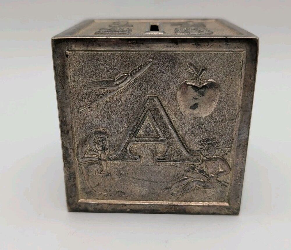 LEONARD SILVER PLATE ABCD CHILD'S PIGGY BANK COINS METAL ITALY 3" SQUARE